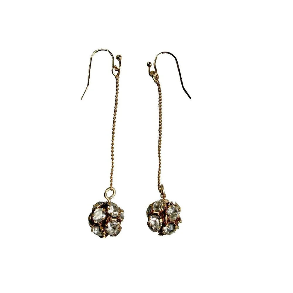 Vintage Rhinestone Ball Dangle Earrings Gold Tone Long Chain Shoulder Dusters